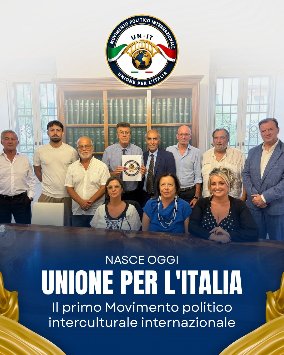 Locandina dell’annuncio di Unione per l’Italia con foto del gruppo, logo UN.IT e testo